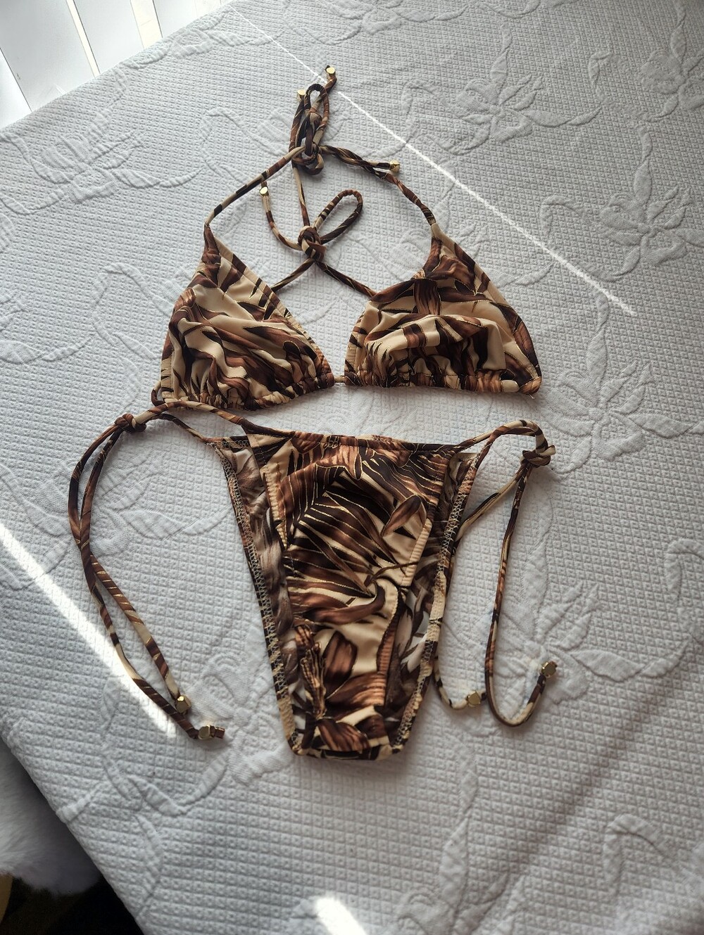 VENUS Brown Leaf-Print Tie-Side Bikini